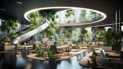 A large, modern office filled with greenery to enhance team engagement, promoting a healthy and productive work environment. Generative AI.