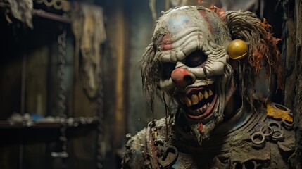 A monstrous clown figure, the stuff of nightmares, with a sinister smile and terrifying features. Generative AI.