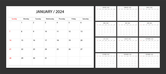 Calendar 2024 week start Sunday corporate design planner template. Calendar planner 2024. - 619283230