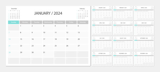 Calendar 2024 week start Sunday corporate design planner template. Calendar planner 2024.