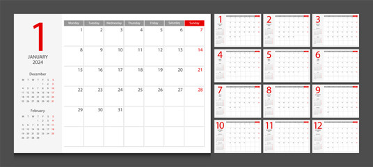 Calendar 2024 week start Monday corporate design planner template. Calendar planner 2024. - 619283238