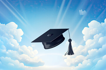 Graduation cap on blue sky background with clouds.