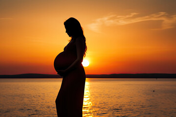 silhouette of a pregnant woman on the beach at sunset
