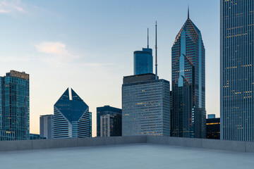 Skyscrapers Cityscape Downtown, Chicago Skyline Buildings. Beautiful Real Estate. Sunset. Empty rooftop View. Success concept.