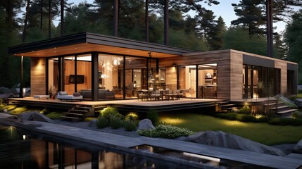 An eco-friendly, minimalist house boasting an excellent design, seamlessly blending with the surrounding environment. Generative AI.