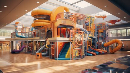 A design for a stay-and-play or after-school fun center for children, full of engaging activities and colorful décor. Generative AI.