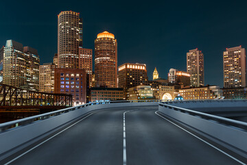 Plakat Empty urban asphalt road exterior with city buildings background. New modern highway concrete construction. Concept of way to success. Transportation logistic industry fast delivery. Boston. USA.