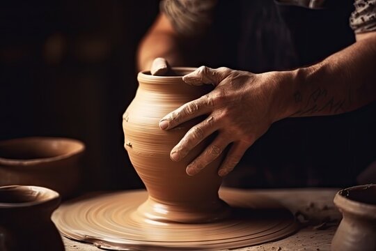 Close up of male potter's hands working on vase made of clay, close-up with copy space. Handmade ceramics manufacture.