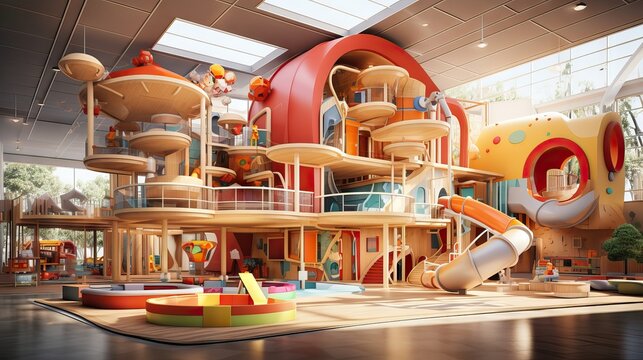 A design for a stay-and-play or after-school fun center for children, full of engaging activities and colorful décor. Generative AI.