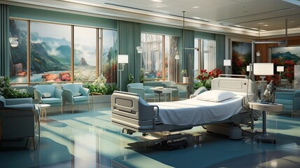 Luxury hospital room with nature view.Hospital room with beds in a modern hospital.