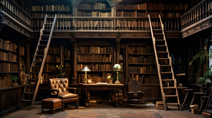 A library with old furniture and ladders