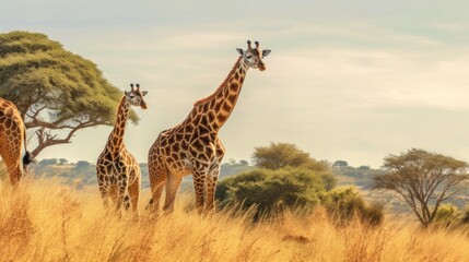giraffe walking in the savannah - obrazy, fototapety, plakaty