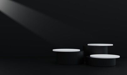 White and black podium, black background with neon lights illuminating for 3D advertising display technology