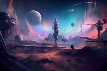 space punk landscape artwork concept, landscape painting of alien planet in the style of spacepunk. AI