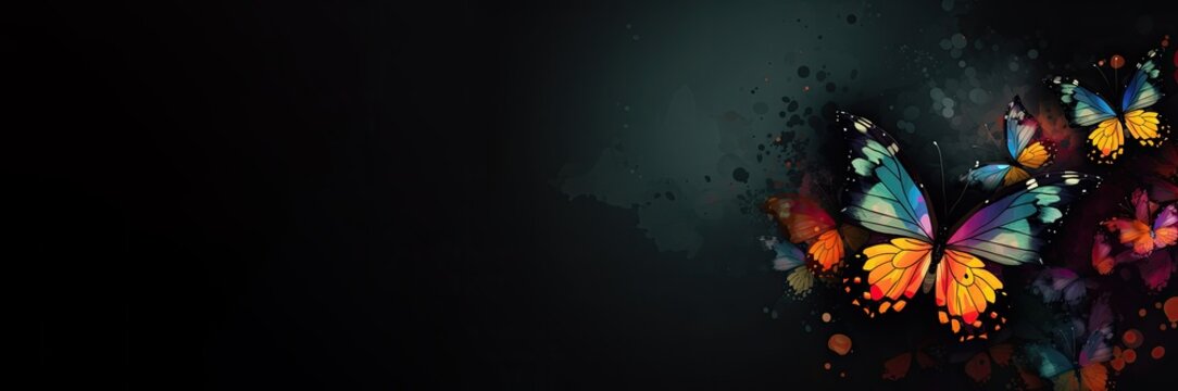 Butterfly banner graphic, space for copy test, colorful butterfly's on green background, website banner. butterfly graphic background for web or advertising, AI