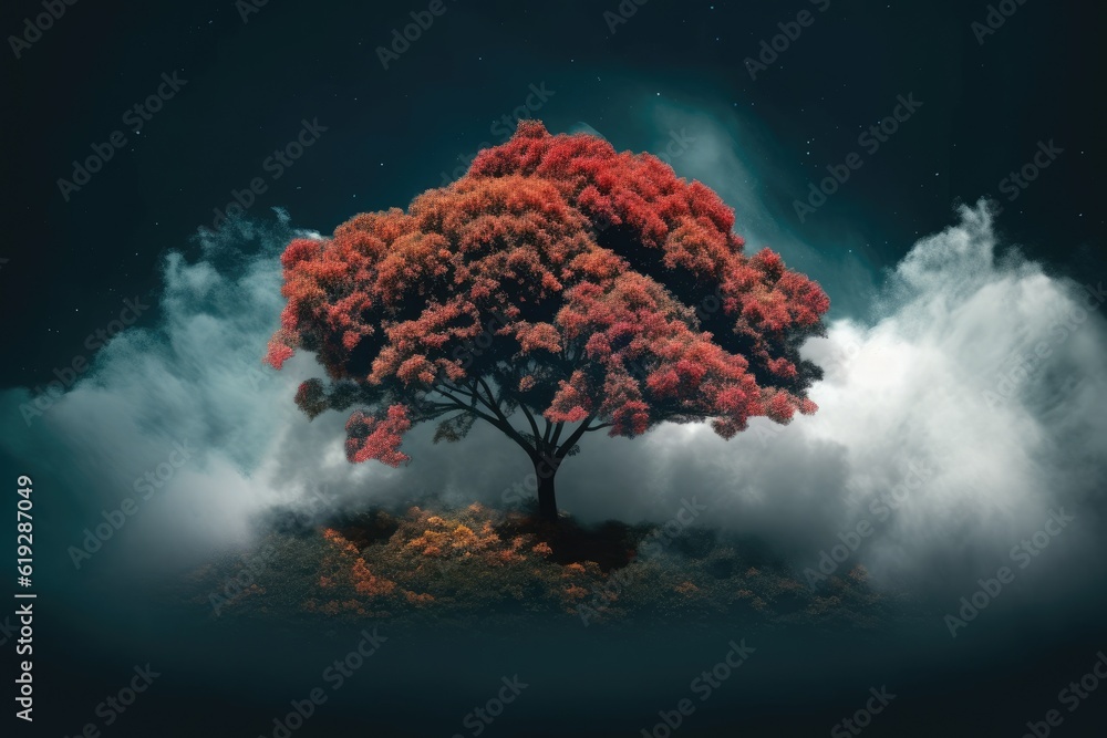 Poster solitary tree standing tall amidst a vibrant and dreamy cloud-filled sky