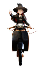 3D Illustration , witch with  jack-o'-lanterns  riding scooter