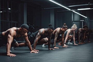 Fototapeta na wymiar Group of sportive people in a gym training - Multiracial group of athletes stretching before starting a workout session.