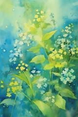 Fototapeta na wymiar Colorful watercolor composition with forget-me-nots flowers green leaves. 