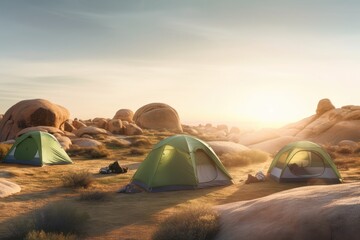 Fototapeta na wymiar desert campsite with multiple tents set up under the stars. Generative AI