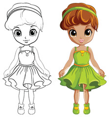 Beautiful girl in cocktail dress with doodle outline