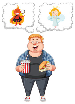 Overweight man fighting between eating healthy or unhealthy food