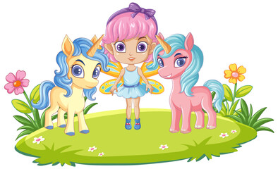 Obraz na płótnie Canvas Fairy Girl with Unicorn in Cartoon Style