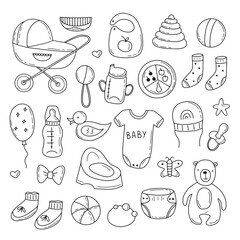 Hand drawn set of baby shower elements, toy, ball, milk bottle, sock. Doodle sketch style. Children's element drawn with a digital pen. Vector illustration for wallpaper, background, textile design