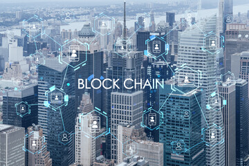 Plakat Aerial panoramic city view of Time Square area, Manhattan West Side and the Hudson River, New York city, USA. Decentralized economy. Blockchain, cryptography and cryptocurrency concept, hologram