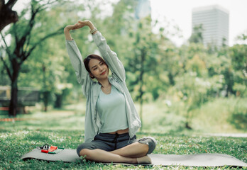 Young adult female discover serenity of rejuvenating mind-body practice. Unlock soul, vitality through relaxing stretches. Balance holistic wellbeing, embrace transformative power of slow movement. - obrazy, fototapety, plakaty
