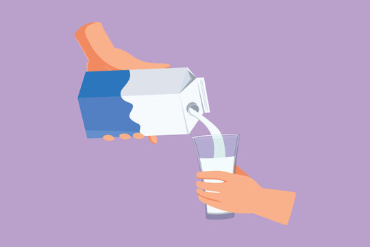 Character flat drawing stylized hand holding carton of milk poured into glass. Hand hold milk box and pour milk into glass. Splash of milk drop from carton box logo. Cartoon design vector illustration
