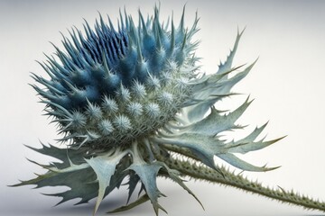vibrant blue flower in macro view on a plain white background. Generative AI