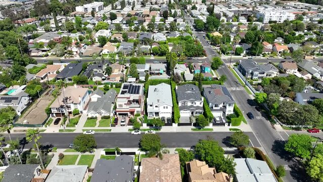 Sherman Oaks City Suburb Of Los Angeles Aerial View Flying Over Sunny Neighbourhood Rooftops