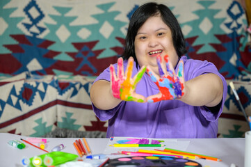 Asian girl with down syndrome watercolor and hand painted Young woman with Down syndrome happy...