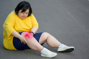 asian fat woman with Down syndrome Sitting on the floor hurts your legs and knees from running or...