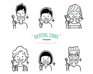 ベクターイラスト素材：家族で歯磨き、健康な歯
