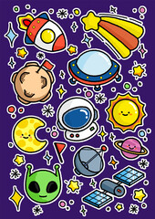 Space Stickers Collection drawing space themed with ufo spaceship planet astronaut meteor satellite dish suitable for sticker