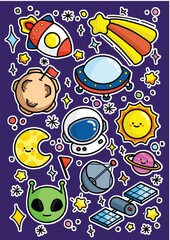 Space Stickers Collection drawing space themed with ufo spaceship planet astronaut meteor satellite dish suitable for sticker