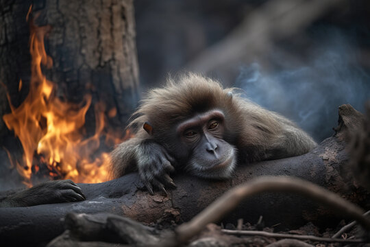 Image of monkey exhausted in the midst of wildfires and smoke. Wildlife Animals. Illustration. Generative AI.