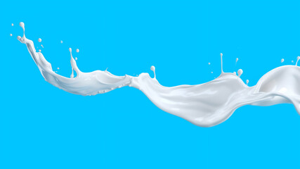 Obraz na płótnie Canvas White milk splashes like a sea wave coming from the corner of the photo to the middle, isolated on a sky blue background, liquid or Yogurt splash