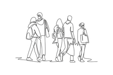 Continuous one line drawing concept of a crowd of happy people outdoors. Single line draw design vector graphic illustration.