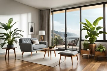 Create an image of a well-lit modern living room with sleek furniture, a vibrant color palette, and large windows offering a view of a city skyline at dusk.