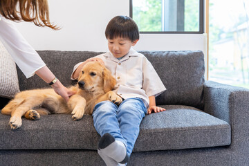 仔犬と戯れる子ども　child playing with puppy	