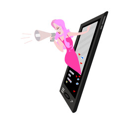 Illustration influencer social media marketing. Online engagement communication business.Woman blogger promotion services and goods for her followers online on mobile.