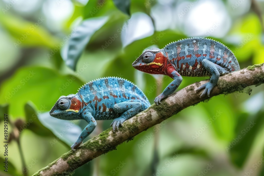 Poster two colorful chameleons perched on a tree branch. generative ai
