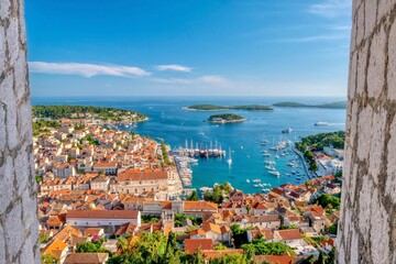 The picturesque Dalmatian coast resort town of Hvar, Croatia, viewed from the 13th century fortress on the hill above. - obrazy, fototapety, plakaty