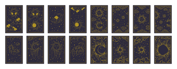 Tarot aesthetic golden card set. Heavenly tarot designs for oracle card covers. Vector illustration isolated in blue background