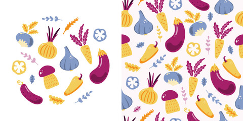 Fototapeta na wymiar Set and pattern with cute hand drawn vegetables