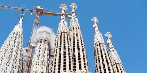 Barcelona, Spain: May 27, 2022. Detailed panoramic view of the top of the Sagrada Familia. Antonio...