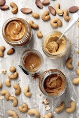 Fototapeta premium Tasty Peanut Butter-Choco Paste with Nuts on White Table.generative ai